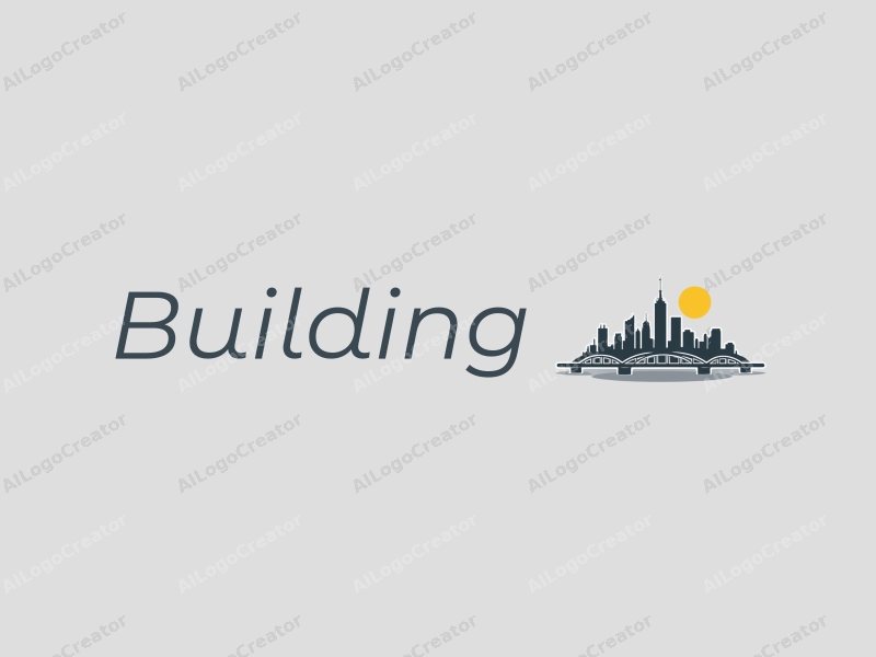 minimalist design features sleek buildings and towers, a stylized bridge silhouette, and a modern design approach combined with a clean gray background.