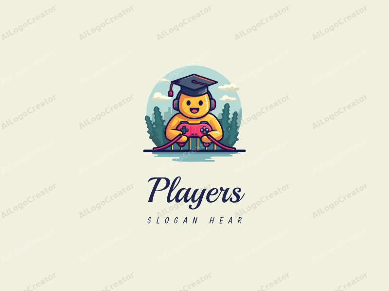 playful design features a vibrant player and game character, a graduation cap symbolizing achievement, and a stylized bridge, combined with a clean background.