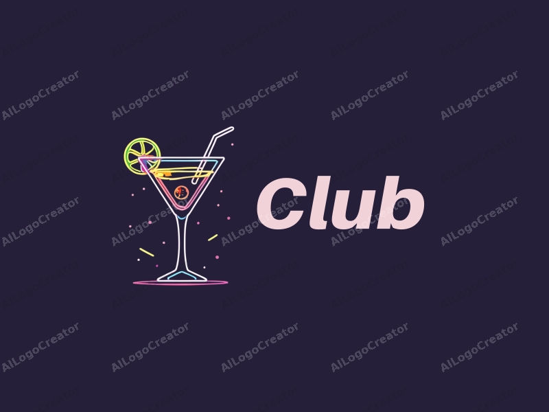 a modern and vibrant design featuring a stylized cocktail glass and neon lights, combined with elements of nightlife and party atmosphere, set against a clean background.