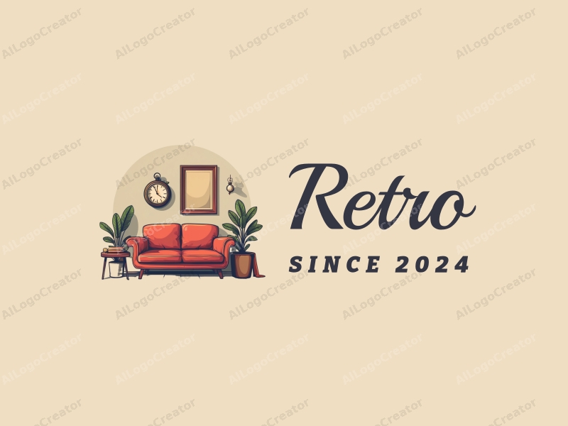 vintage design features a retro sofa, a retro poster, fashionable glasses, and an antique clock, combined with a clean background.