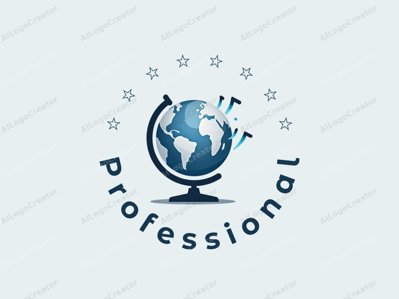 a modern minimalist design featuring a stylized globe with vibration lines, symbolizing professionalism and certification, combined with a clean blue and gray background.