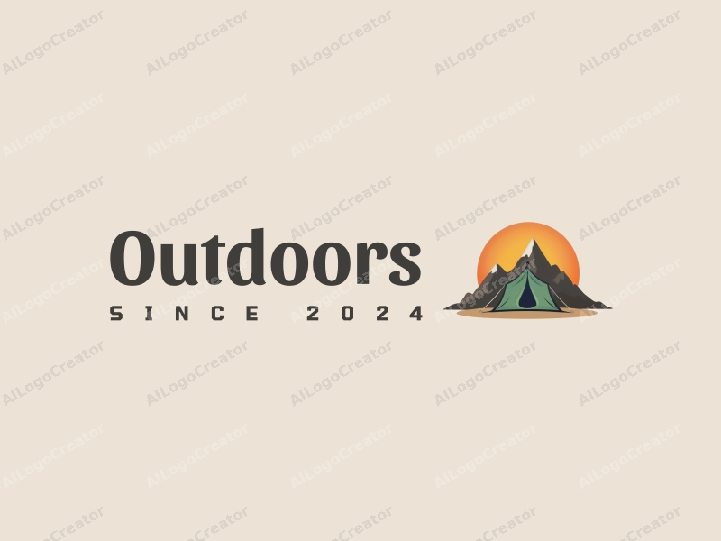 modern design features a stylized camping tent and mountain peak, combined with a clean background and a harmonious composition.