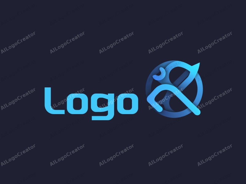 modern design features a stylized logo with abstract tools and technology elements, utilizing a clean and simple composition with blue and black colors.