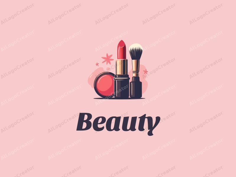 modern design features a stylized lipstick and makeup brush, combined with beauty elements, set against a clean pink background.