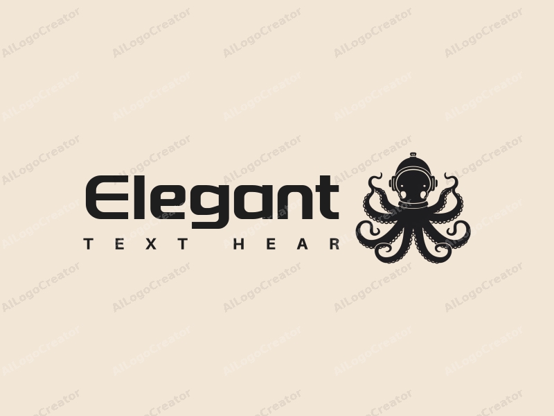 a modern minimalist design featuring an elegant octopus intertwined with a stylized diving helmet, using a black color palette, combined with a clean and refined background.