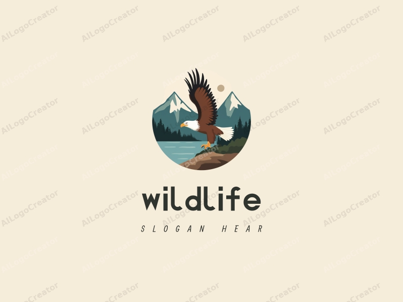 playful design features a stylized eagle soaring above abstract mountains, incorporating elements of wildlife and nature landscapes, with a clean background in natural color tones.