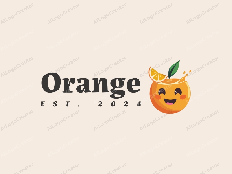 playful design features a vibrant orange, a stylized juice splash, and a smiling face, combined with a clean background.