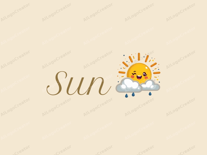 playful design features a cheerful sun radiating light, surrounded by fluffy clouds and gentle raindrops, combined with a clean background.