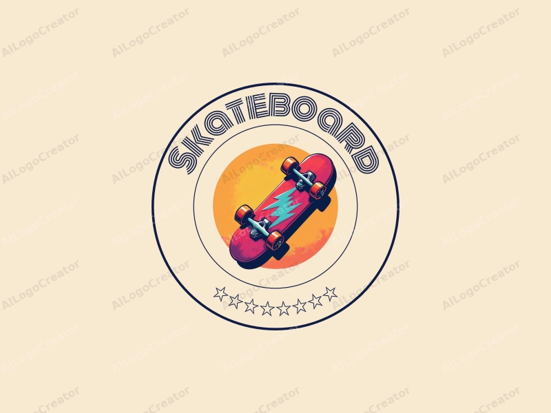 playful design features a vibrant skateboard with dynamic lightning bolts and stylized wheels, combined with a clean background.