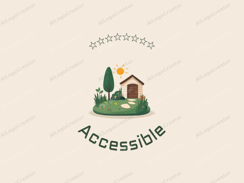 modern design features accessibility elements, a stylized garden with a shed, and an inclusive design approach combined with a clean background.