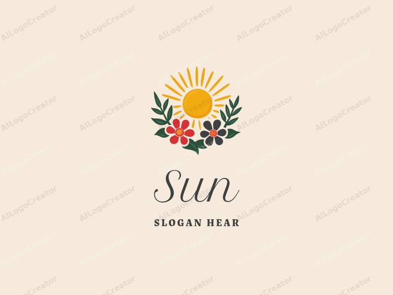 playful design features a bright sun radiating light, surrounded by whimsical flowers and leaves, combined with a clean background.