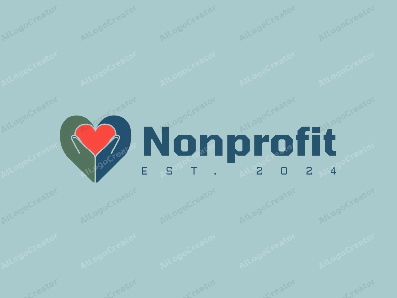 a modern minimalist design featuring a stylized heart and hand symbolizing charity and volunteerism, combined with a clean background in blue and green tones.