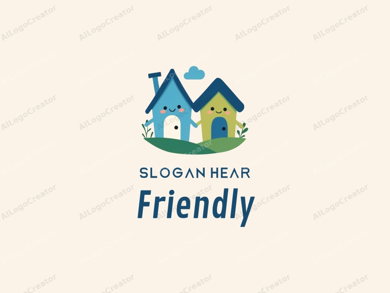 playful design features friendly houses, hand-holding figures, and a harmonious composition with blue and green colors combined with a clean background.