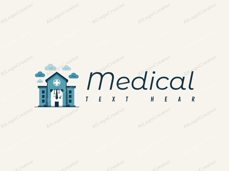 modern design features a stylized hospital silhouette, a doctor figure, and telemedicine elements combined with a clean background.