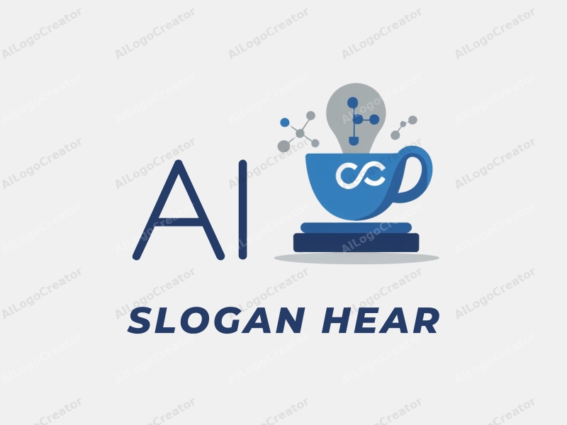 a modern minimalist design featuring abstract representations of intelligence and algorithms, combined with stylized coffee equipment, all set against a clean blue and gray background.