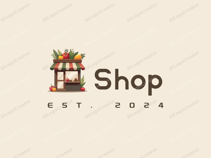 modern design features a stylized shop silhouette, vibrant fruits and spices integrated into the structure, combined with a clean background.