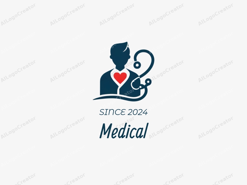 modern design features a stylized hospital silhouette, a doctor figure, a stethoscope intertwined with a heart, combined with a clean background.