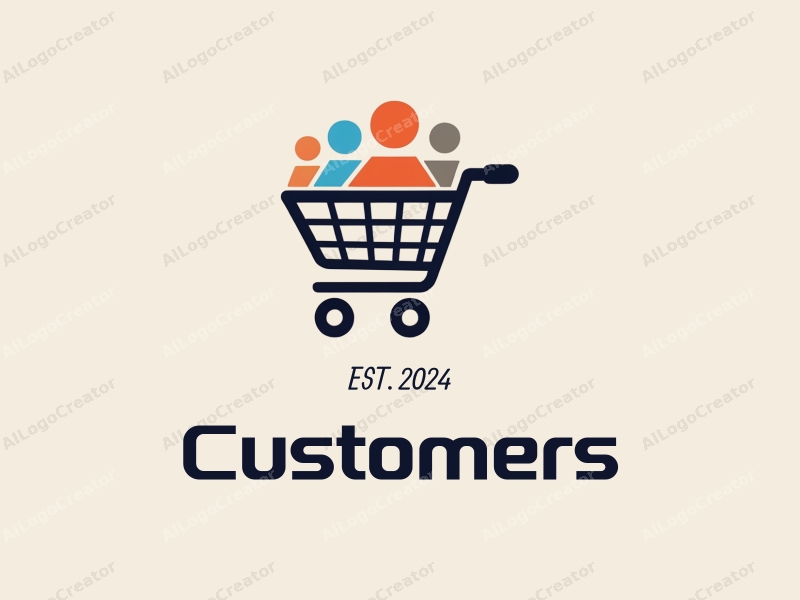 modern design features a stylized shopping cart and shopping bag, with abstract representations of customers and shoppers, combined with a clean background.