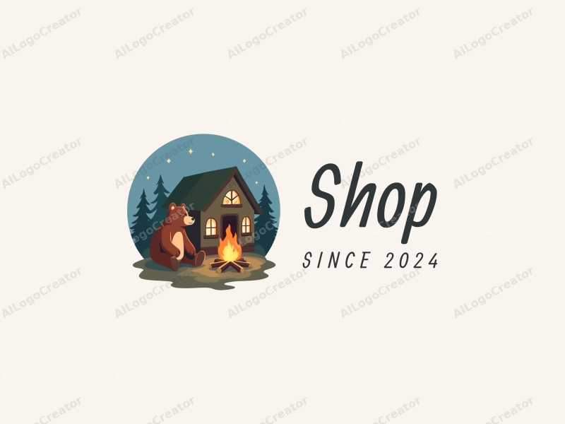 a modern design featuring a stylized shop with a bear sitting next to a campfire, using a clean and simple composition with harmonious shapes and a blue background.