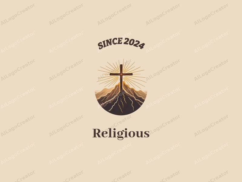 vintage design features a prominent cross intertwined with a sacred mountain silhouette, radiating golden light, combined with a clean and harmonious background.