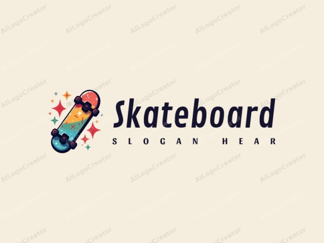 fröhliches Design mit einer lebendigen Skateboard-Silhouette und dynamischen Stern-Elementen, kombiniert mit einem sauberen Hintergrund für ein spaßiges und energiegeladenes Gefühl.