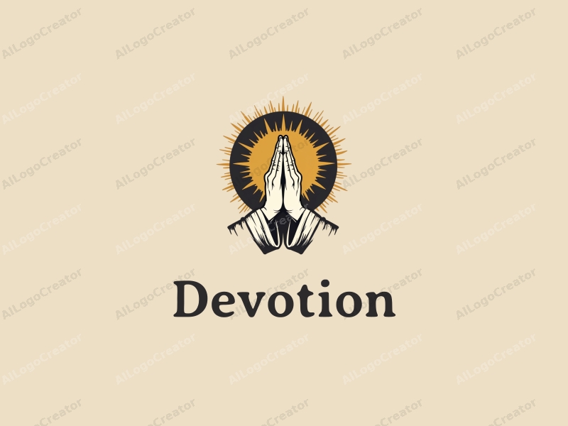 vintage design features a stylized halo above a pair of hands in a prayer position, combined with golden accents and a clean background.