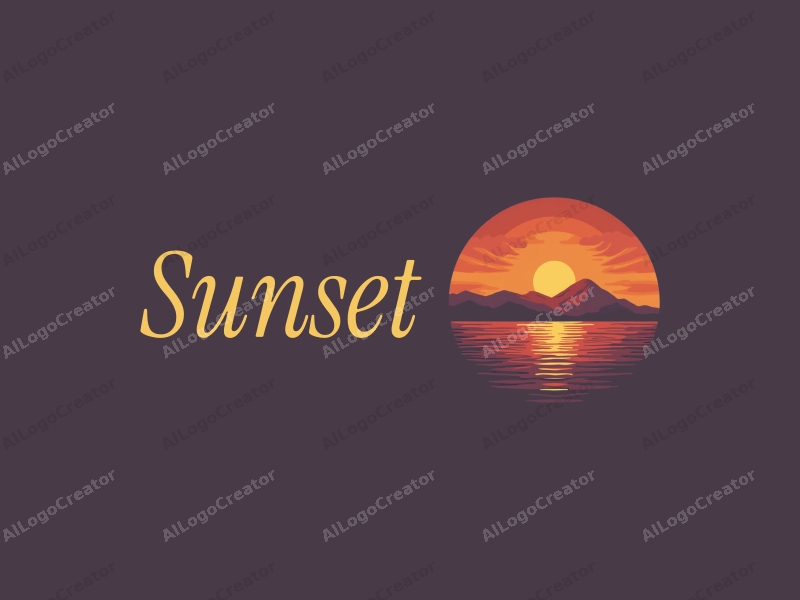 vintage design features a stylized sunset over the ocean with mountains in the background, incorporating warm orange and purple hues, combined with a clean and harmonious layout.