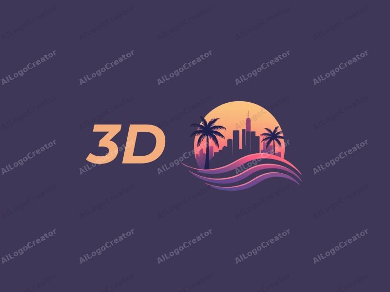 a modern design featuring 3D dynamic elements, palm trees, and a city skyline, using a vibrant purple and pink color palette, combined with a clean background.