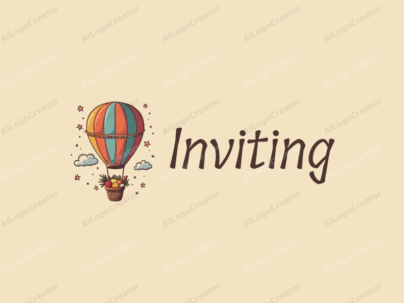 playful design features a colorful hot air balloon carrying various food items, combined with inviting elements like a welcoming banner, all set against a warm-toned background.