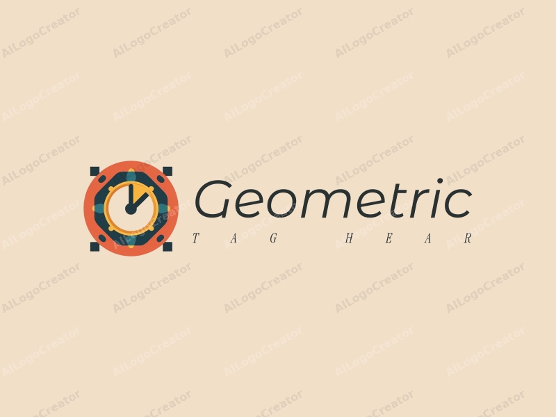 geometric design features a harmonious combination of squares and circles, incorporating a stylized clock and citrus elements, with a clean and minimalistic background.