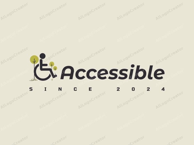 modern design features accessibility elements, a stylized wheelchair, trees, and an inclusive design approach combined with a clean background.