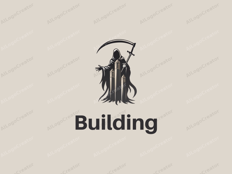 a modern design featuring architectural structures intertwined with a stylized grim reaper holding a weapon, using a minimalist approach combined with a clean gray background.