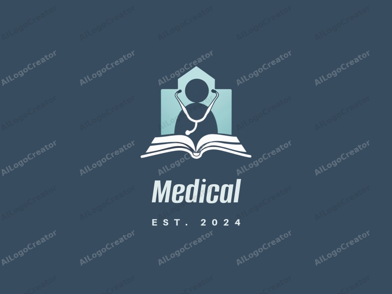 modern design features a stylized hospital silhouette, a doctor figure, a stethoscope intertwined with an open book, combined with a clean background.