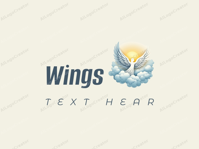 a dreamy design featuring stylized wings and an angel silhouette soaring among fluffy clouds, incorporating a modern aesthetic with a clean background in white, blue, and gold tones.