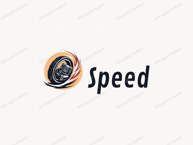 modern design features dynamic lines representing speed, a stylized engine and tire, combined with a clean background.