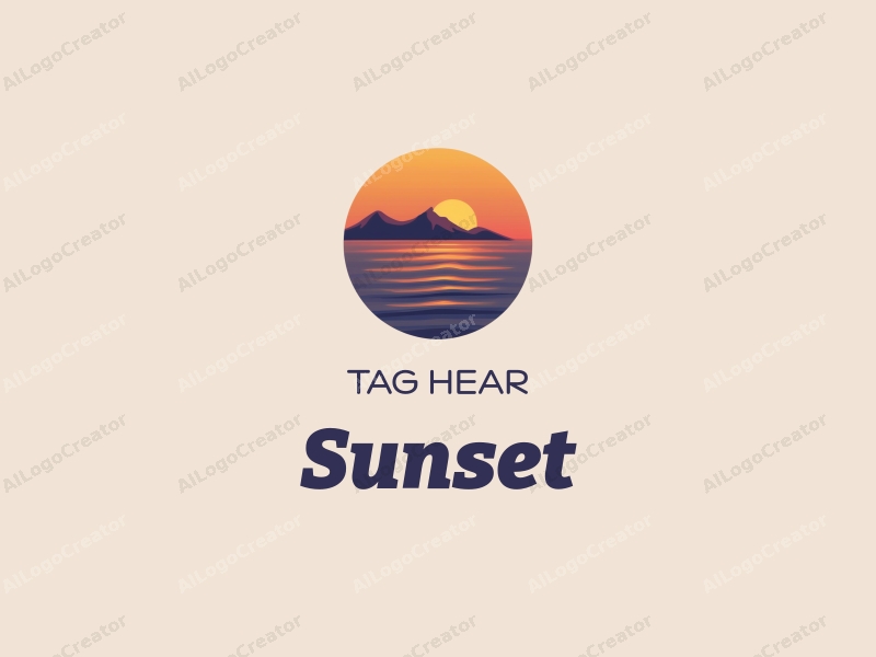 vintage design features a stylized sunset over the ocean with mountains in the background, incorporating warm orange and purple hues, combined with a clean and harmonious layout.