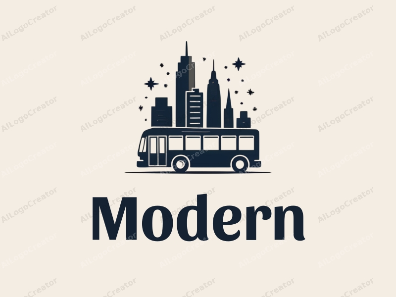 minimalist design features a stylized urban bus silhouette, city skyline, and innovative architectural elements combined with a clean background.