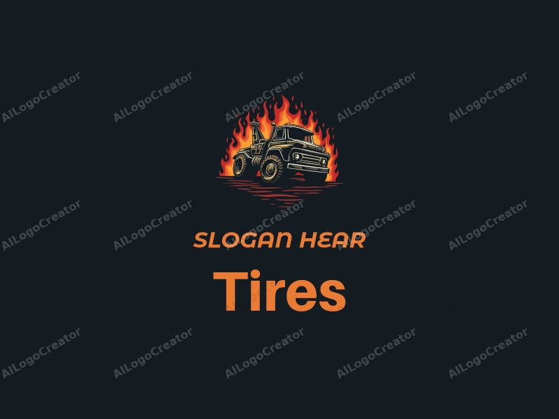 modern design features a stylized tire and car tire intertwined with flames, alongside a simplified tow truck silhouette, combined with a clean background.