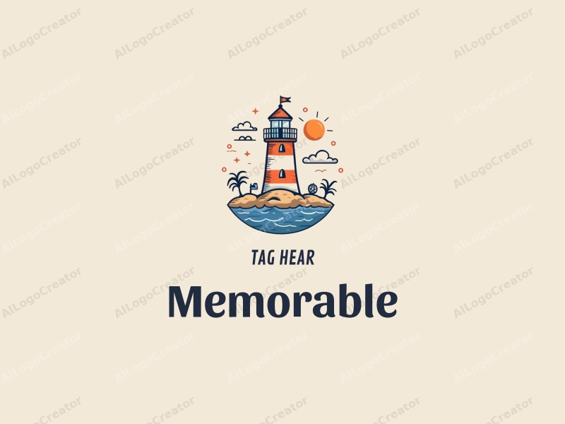 playful design features a stylized lighthouse, elements representing memories, and nautical symbols combined with a clean background in blue and orange colors.