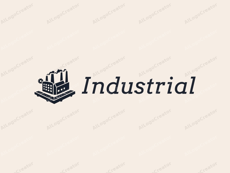 modern design features a stylized factory silhouette, interlocking gears, and a conveyor belt, combined with a clean background.