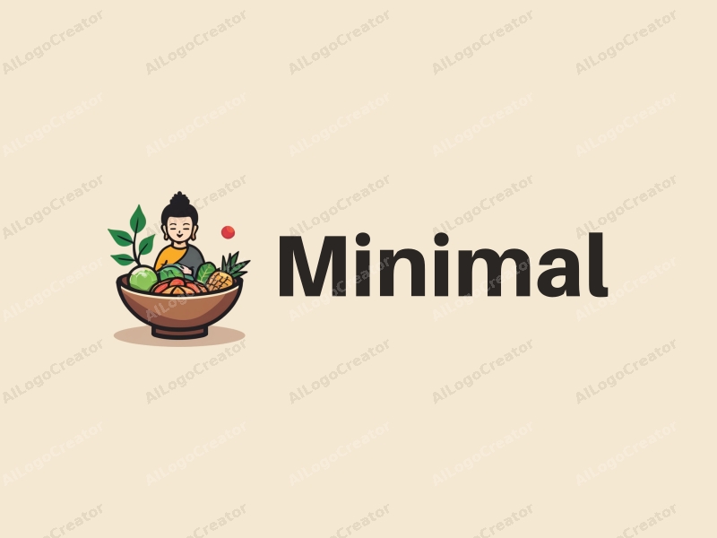 minimalist design features a stylized Buddha figure, a simple bowl, and fresh healthy ingredients, combined with a clean background.