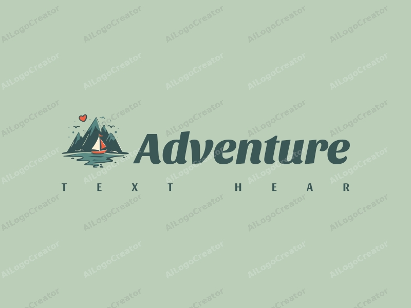 playful design features stylized mountain peaks and a sailing boat, combined with elements of adventure and exploration, set against a clean green background.