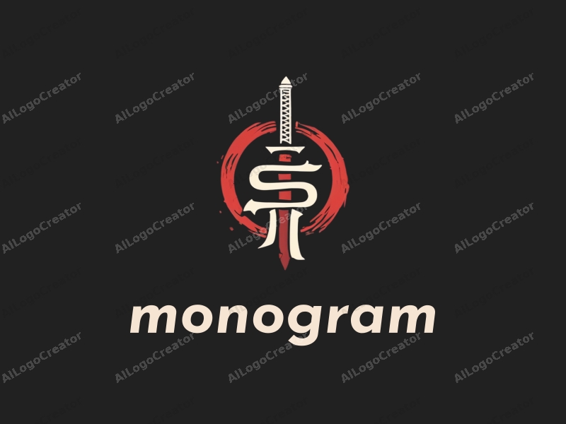 modern design features stylized letters intertwined with a Katana sword, symbolizing family heritage, combined with a clean black background.