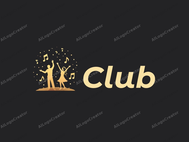 a modern minimalist design featuring abstract representations of a club scene, social interactions, musical notes, and dance silhouettes, combined with a clean black and gold color scheme.