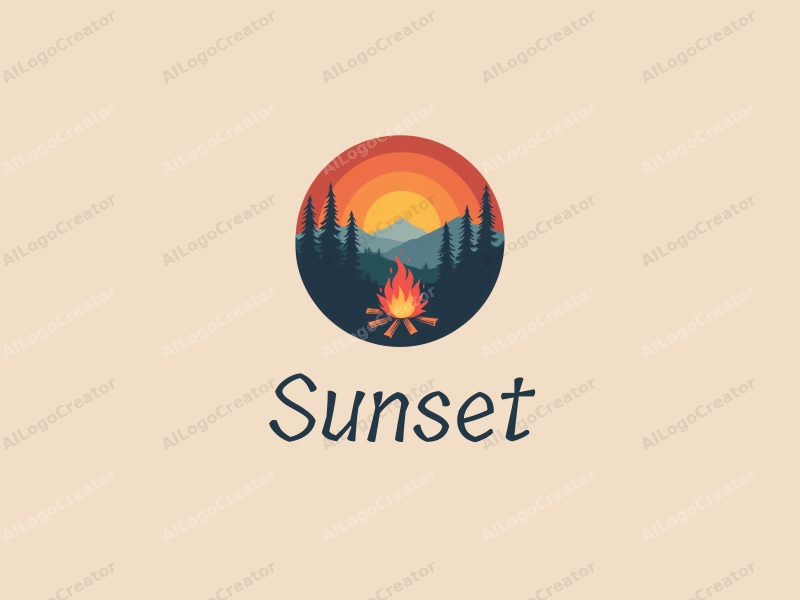 vintage design features a warm sunset over a scenic landscape, with a stylized campfire and a gathering crowd, combined with a clean background.