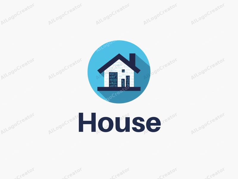 modern design features a stylized house silhouette integrated with architectural elements and HTML code outlines, combined with a clean blue background.