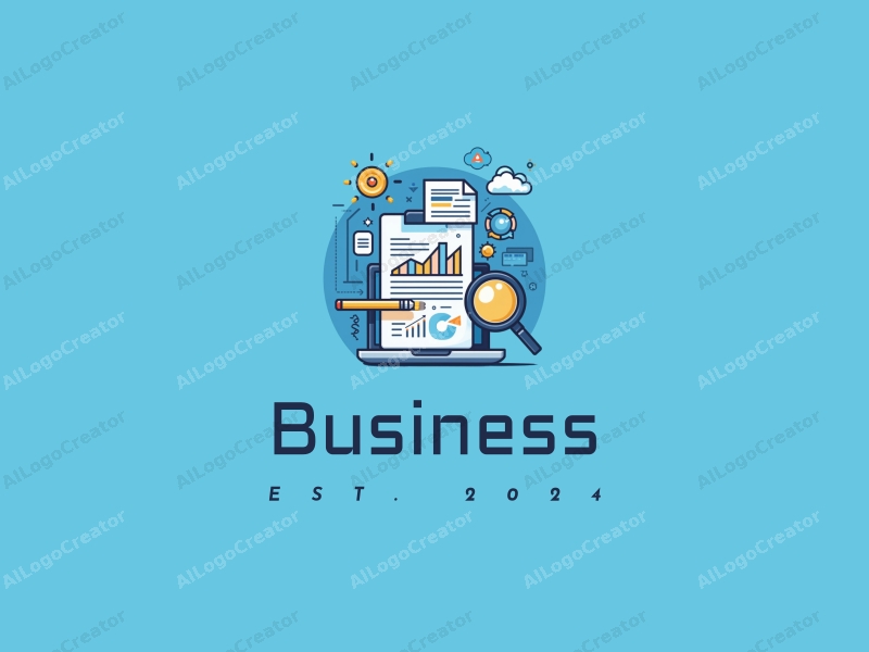 a modern design featuring business and office elements, including stylized charts and documents, combined with a clean blue background.