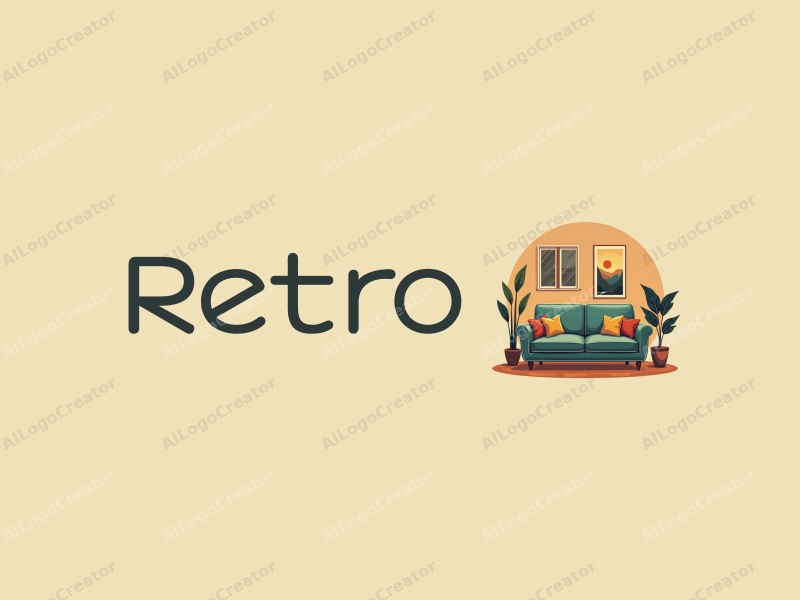 vintage design features a stylized retro sofa and a retro poster, combined with a cozy bedroom setting and a clean background.