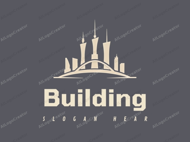 minimalist design features sleek buildings and towers, a stylized bridge silhouette, and a modern design approach combined with a clean gray background.