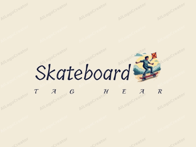 fröhliches Design mit einem leuchtenden Skateboard, einem dynamischen Skateboarder in Aktion und einem farbenfrohen Drachen im Hintergrund, kombiniert mit einem sauberen und einfachen Layout.